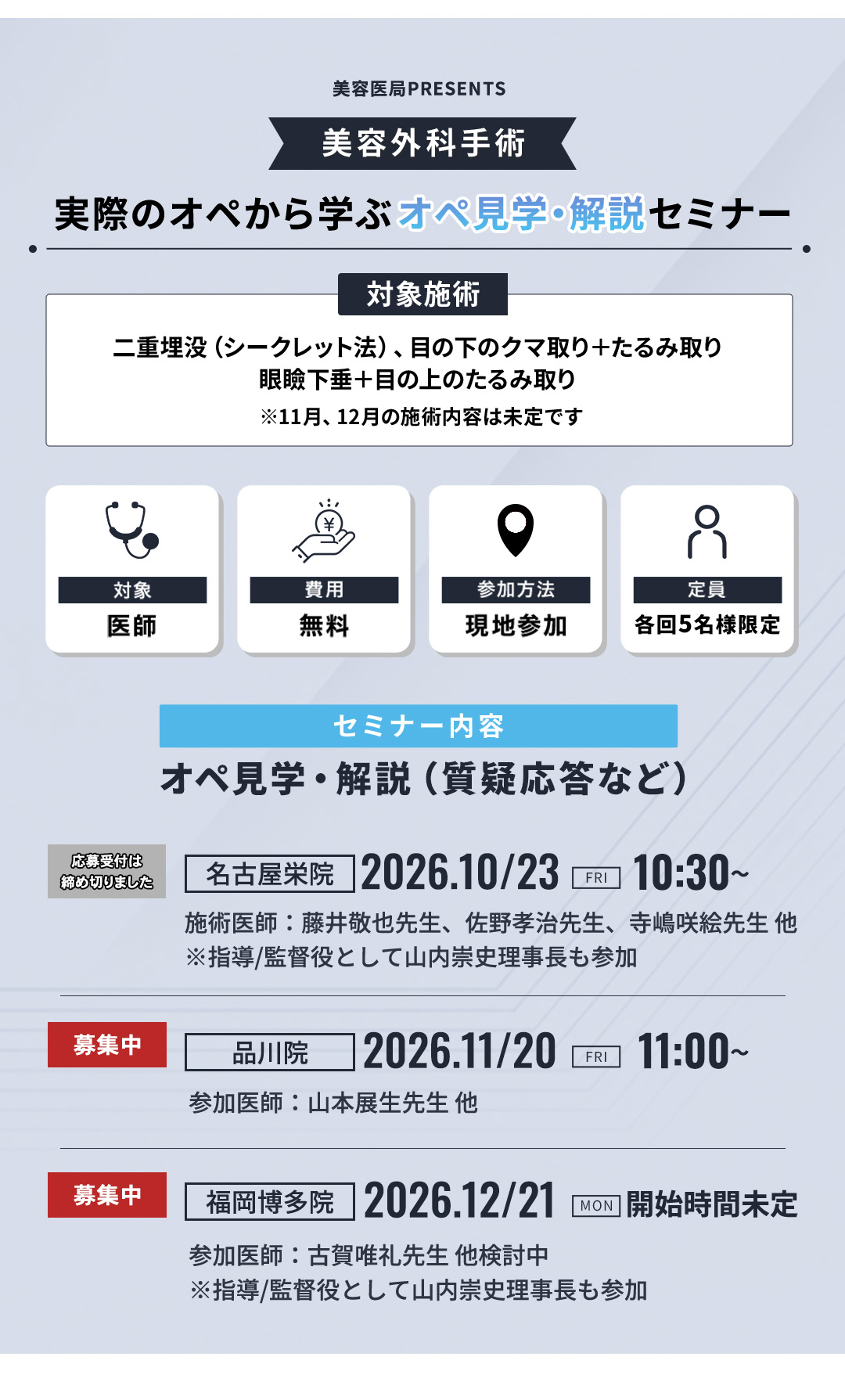 美容外科手術 実際のオペから学ぶ オペ見学・解説セミナー。対象施術、各回の日程と参加医師。名古屋栄院は応募受付終了、品川院・福岡博多院は募集中